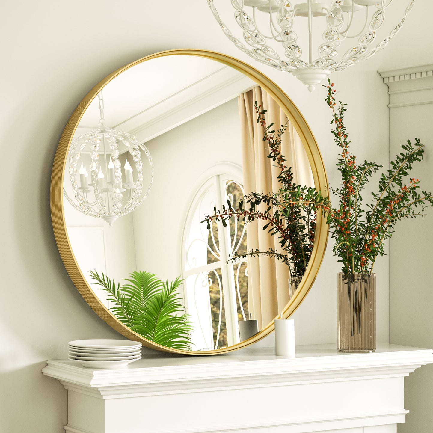 30 Inch | Modern Minimalist Circle Bathroom Mirror with Ribbed Texture Aluminum Alloy Metal Frame