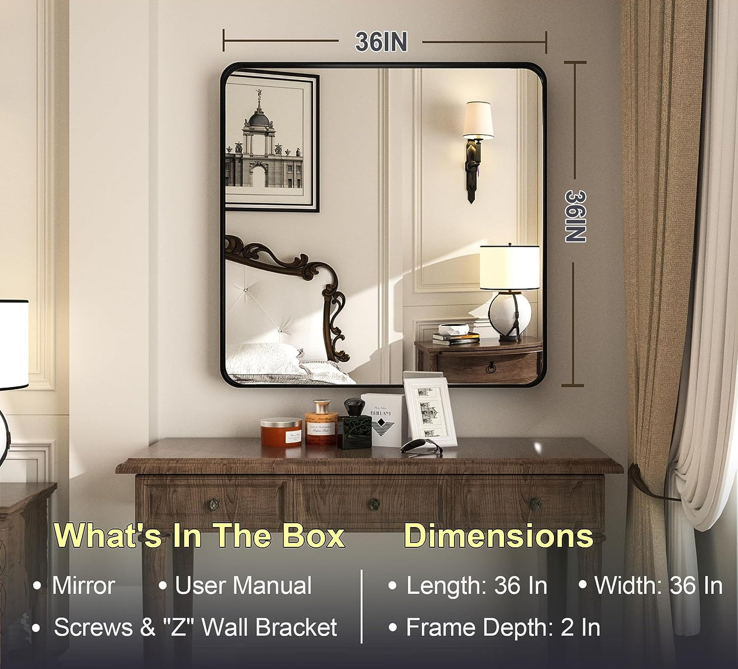 36" x 36" PILOCOS Modern Square Brushed Frame Decorative Mirror for Bedroom Vanity