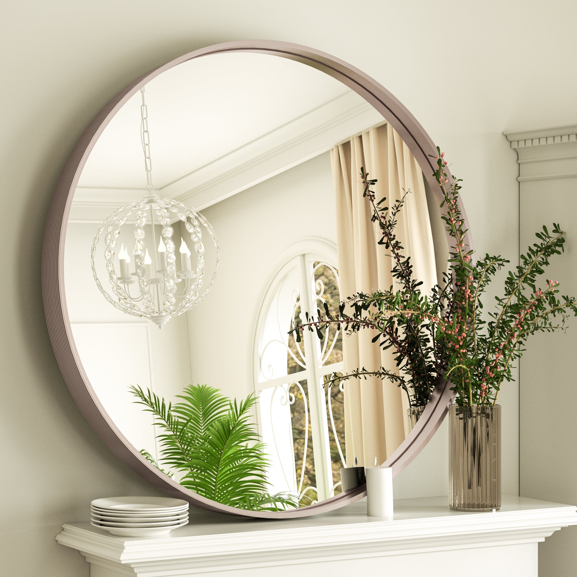 36" Round Circle Vanity Mirror for Wall. Ribbed Texture Metal Frame