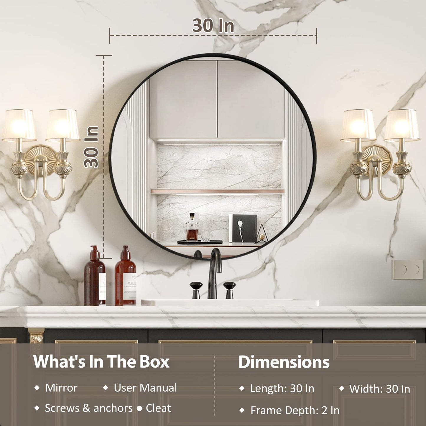 30 Inch | Modern Minimalist Circle Bathroom Mirror with Ribbed Texture Aluminum Alloy Metal Frame