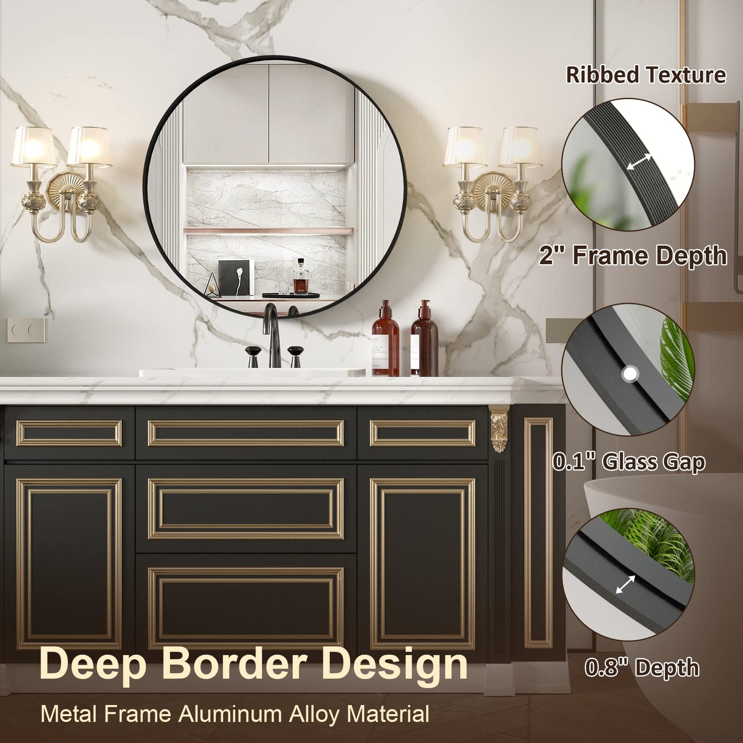 30 Inch | Modern Minimalist Circle Bathroom Mirror with Ribbed Texture Aluminum Alloy Metal Frame