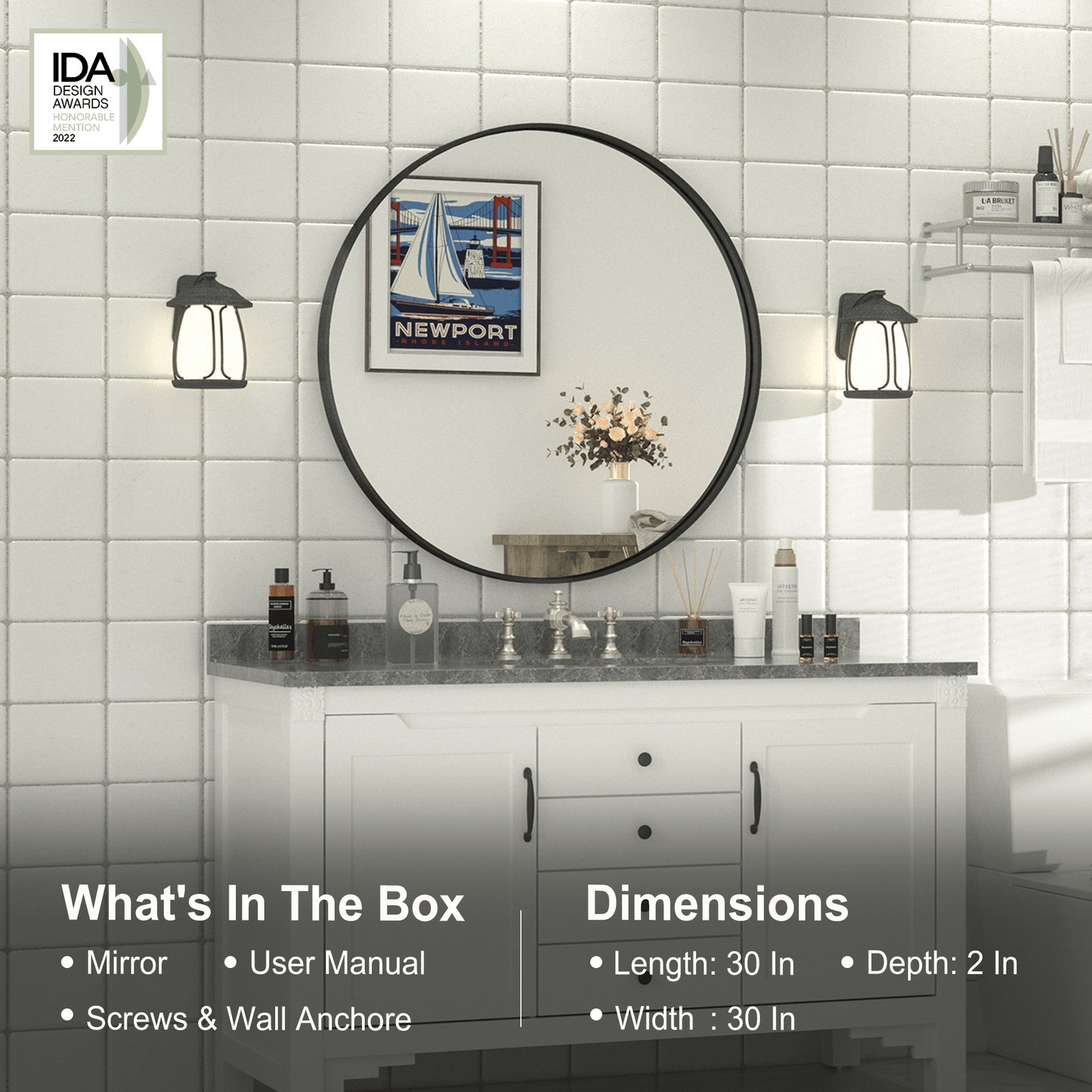 30 Inch | Modern Minimalist Circle Bathroom Mirror with Ribbed Texture Aluminum Alloy Metal Frame