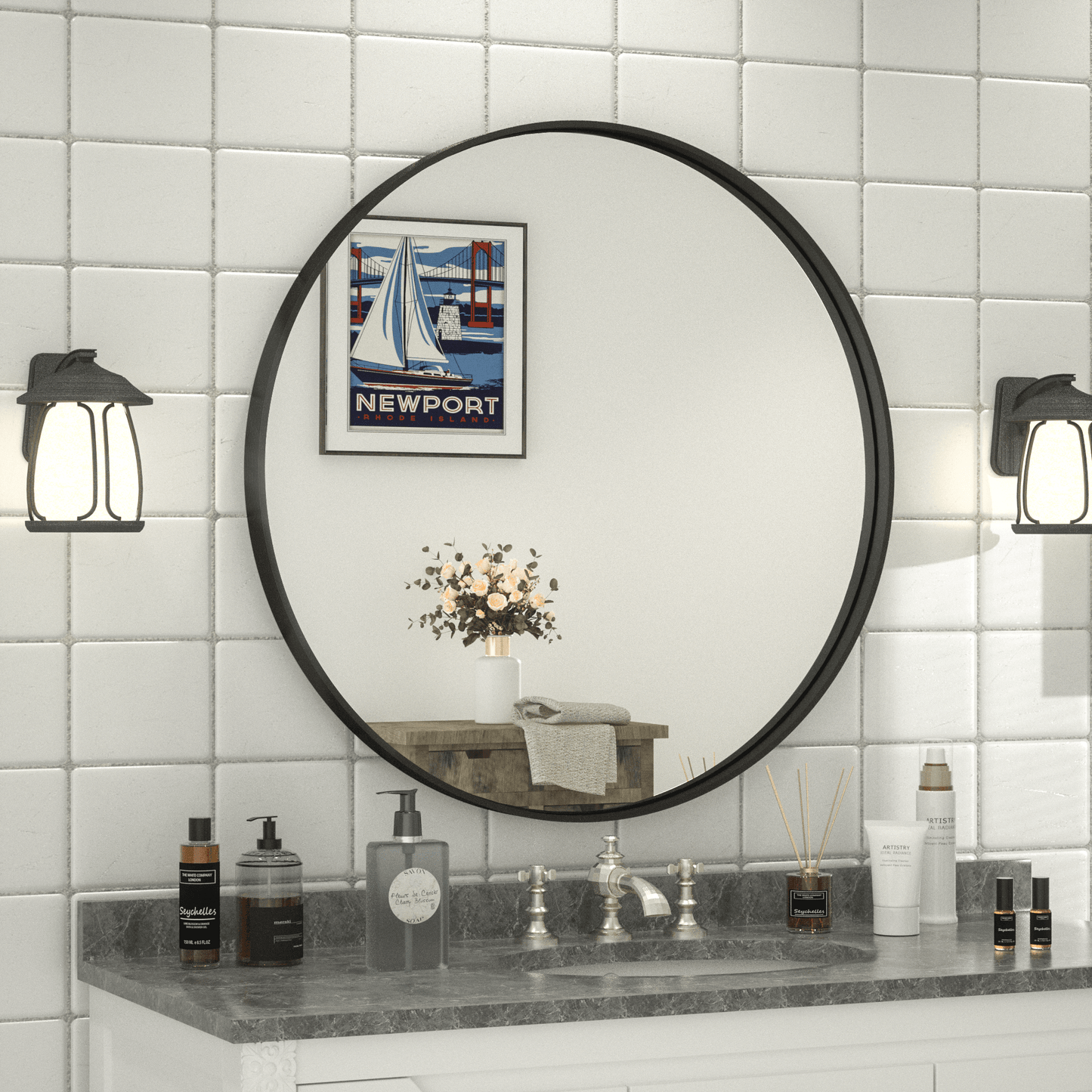 30 Inch | Modern Minimalist Circle Bathroom Mirror with Ribbed Texture Aluminum Alloy Metal Frame