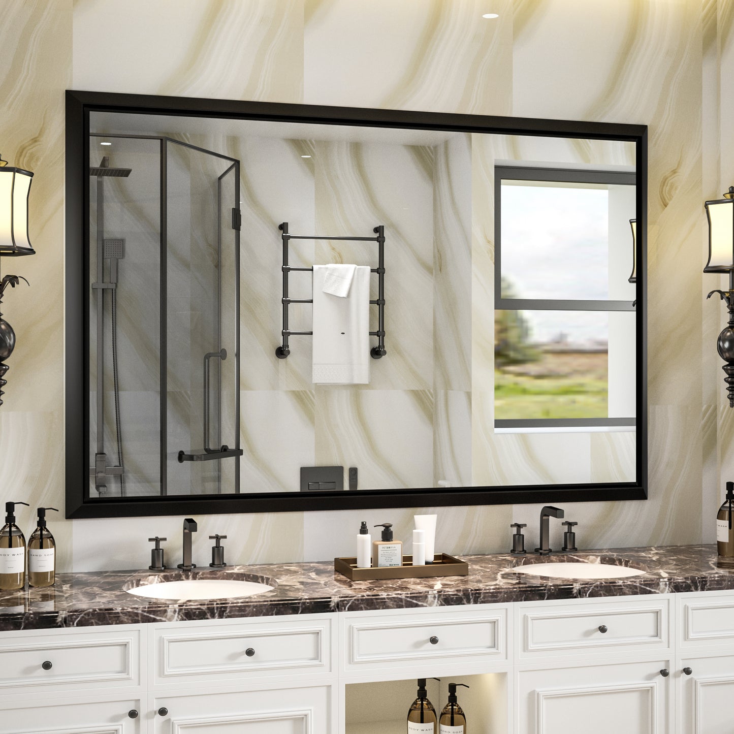 
                  
                    48 x 30 Inch | PILOCOS Retro Farmhouse Decorative Mirror for Bathroom with Beveled Metal Frame
                  
                